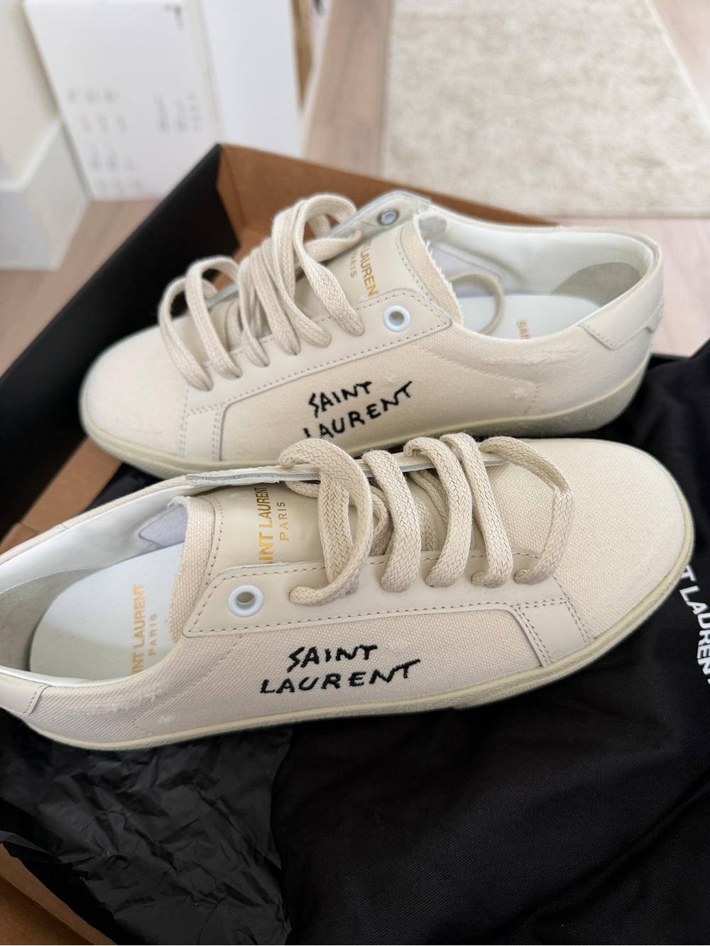 Saint Laurent Women’s Cream Canvas Low-Top Sneakers with Black Logo size 5/35
